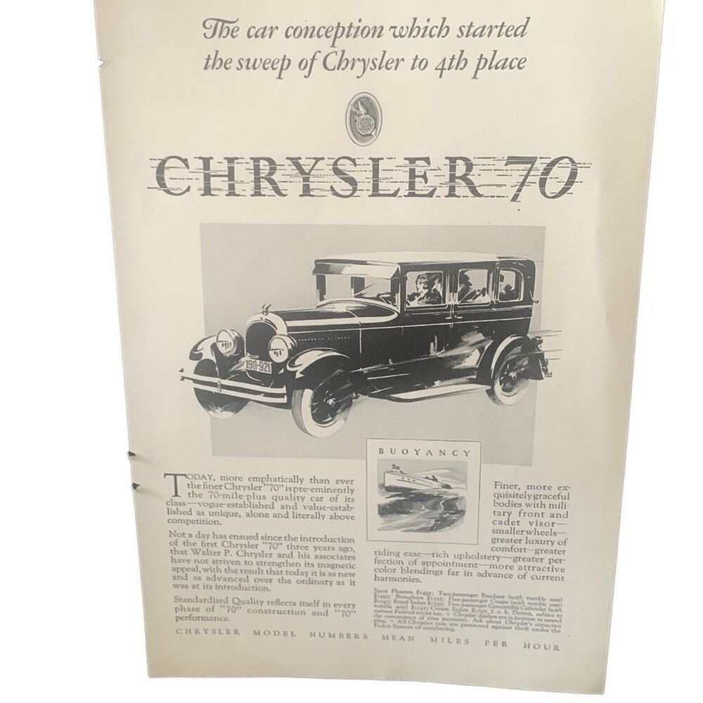 Vintage 1927 Chrysler 70 Buoyancy Ad Advertisement